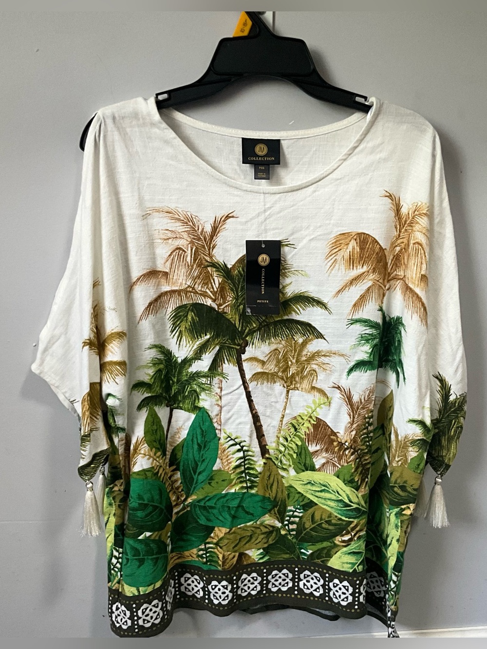 JM Collection Linen Blend Tropical Retreat Top Women pxs Green Coastal(no Strech